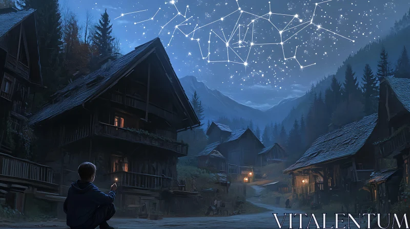 Starlit Village: A Boy's Night Dream AI Image