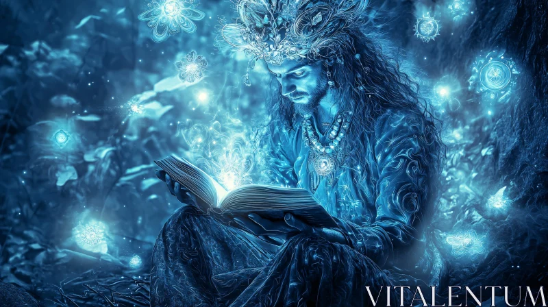 AI ART Mystical Wizard with Glowing Book