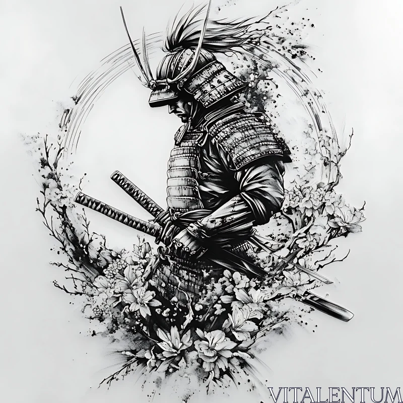 AI ART Monochrome Samurai Art with Flower Decoration