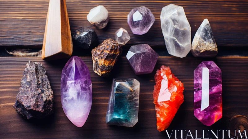 Enchanting Crystal Stones on Wooden Surface | Witchy Academia Art AI Image