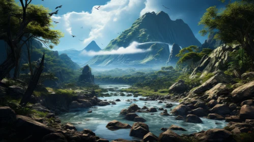 Exotic Nature Landscape: River, Forest, Waterfalls, and Mountains