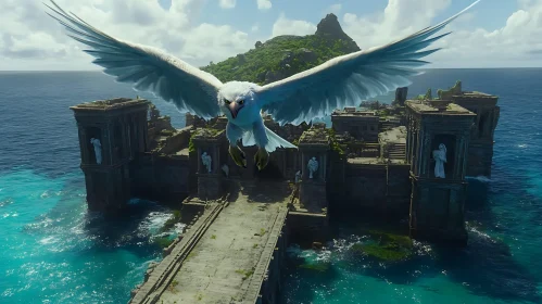 Mythical Bird Flying Over Ruins