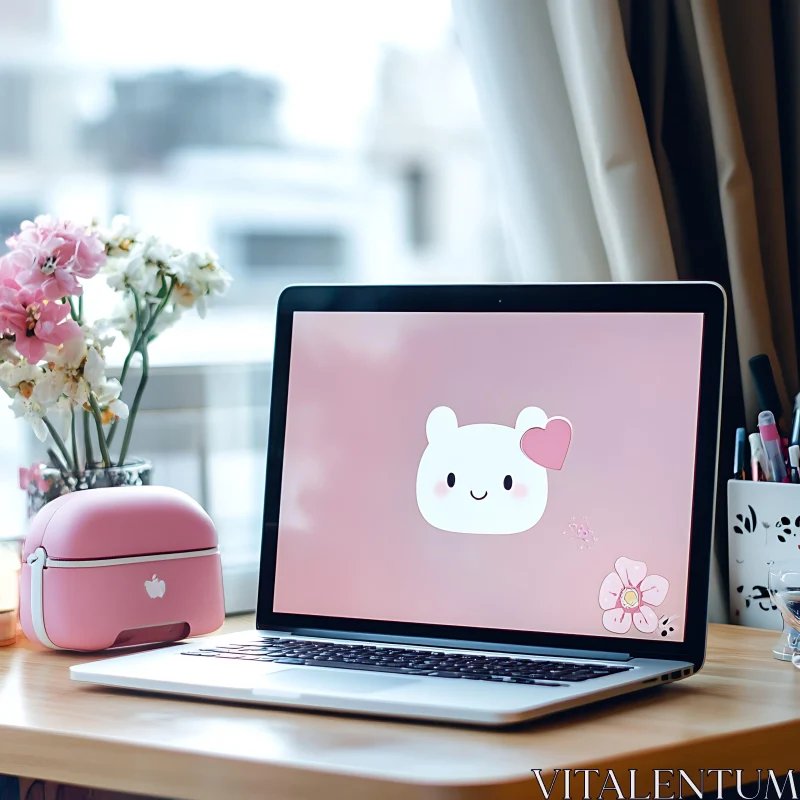 Adorable Pink Themed Desk Setup in Home Office AI Image