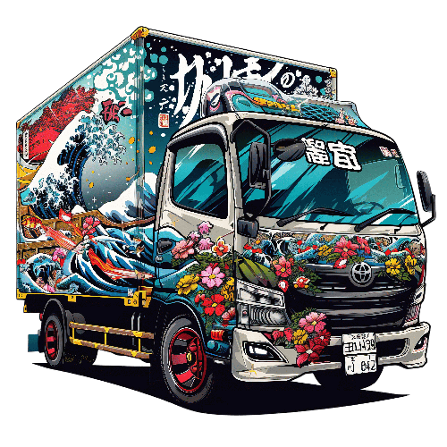 Japanese Truck Vector Design with Floral Patterns POD Design