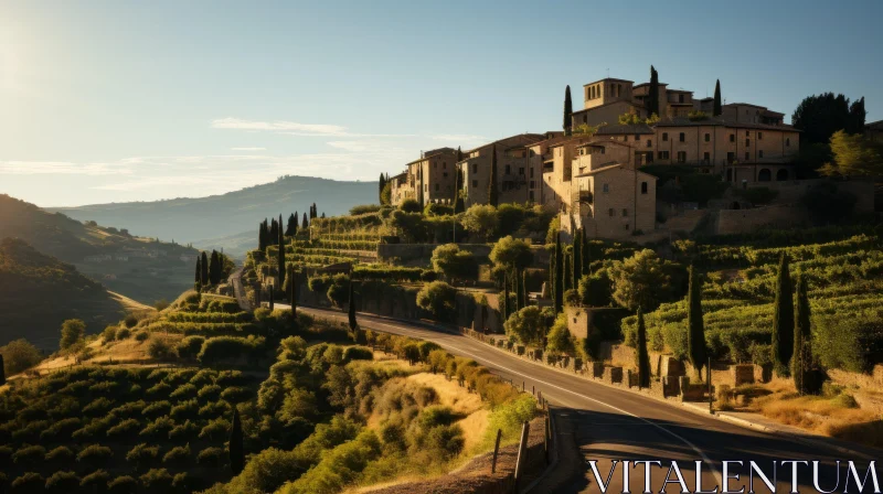 Old Tuscan City with Vineyards and Cypress Trees - A Picturesque Vista AI Image