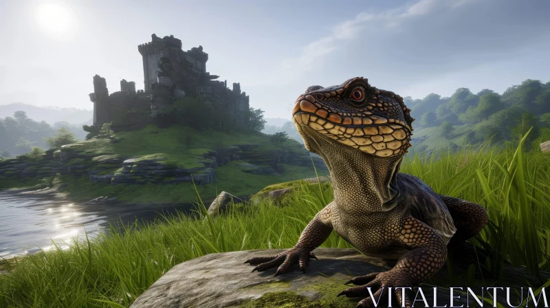 Realistic Digital Painting of a Lizard and Ruined Castle AI Image