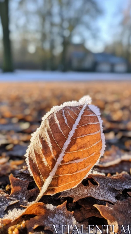 AI ART Winter's Grace: A Frozen Leaf Captured in Photorealistic Detail