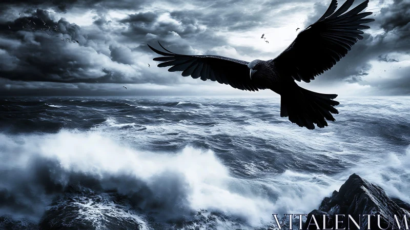 Black Raven Over a Raging Ocean AI Image