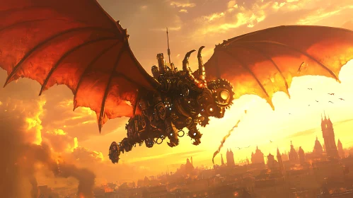 Mechanical Dragon Sunset Flight Artwork