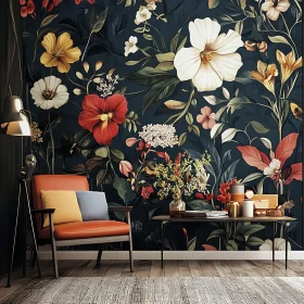 Elegant Living Space with Botanical-Themed Wallpaper