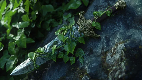 Weathered Sword on Stone with Green Ivy