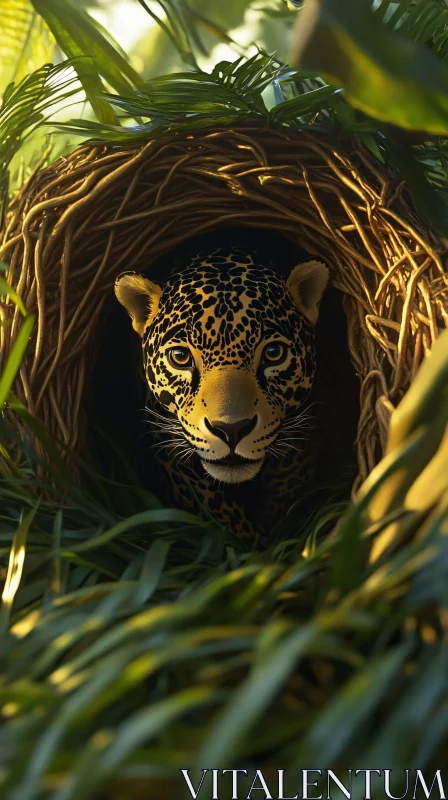 Jaguar Peering Through Jungle AI Image