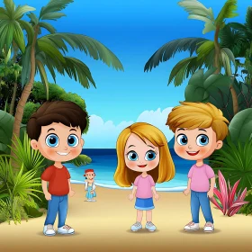 Cartoon Children on a Tropical Island