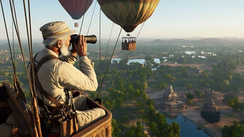 Vintage Balloon Ride Over Green Landscape