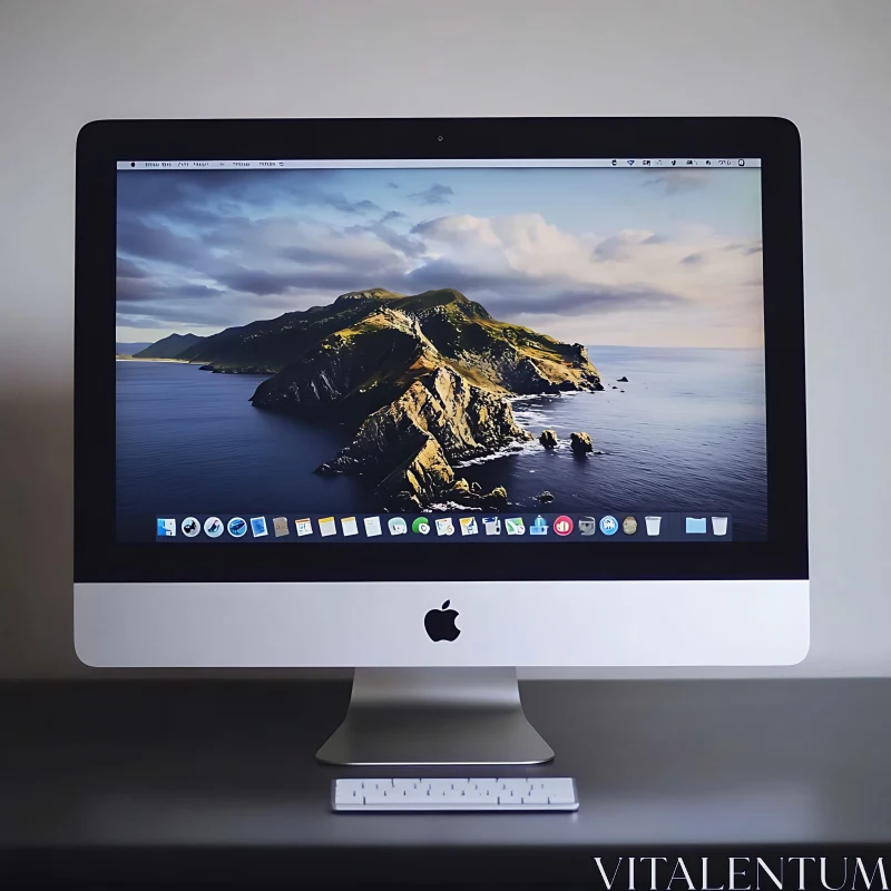 Sleek Apple Desktop with Scenic Background AI Image