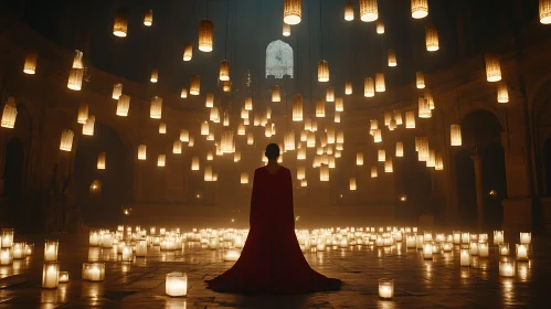 Woman in Red Gown Surrounded by Candles