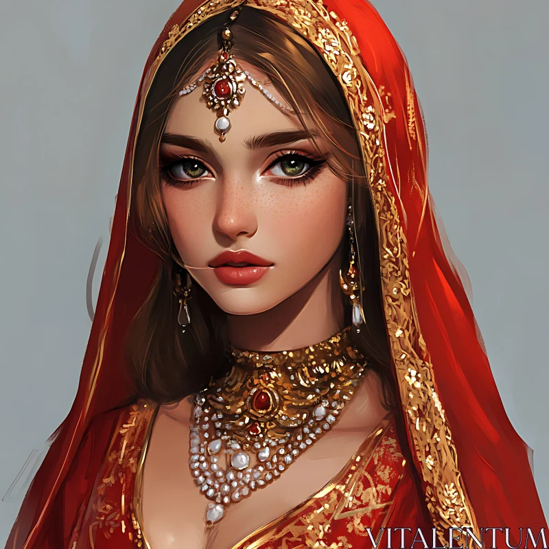 Red and Gold Attire Woman Portrait AI Image