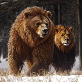 Winter Companions: Bear and Lion