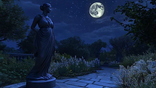 Night Garden with Statue and Moonlight