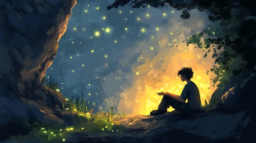 Night Scene with Boy and Fireflies