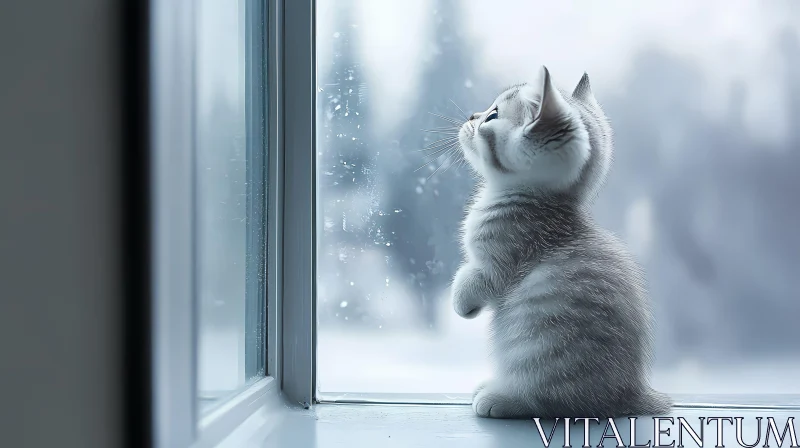 Cute Kitten by Frosted Window AI Image