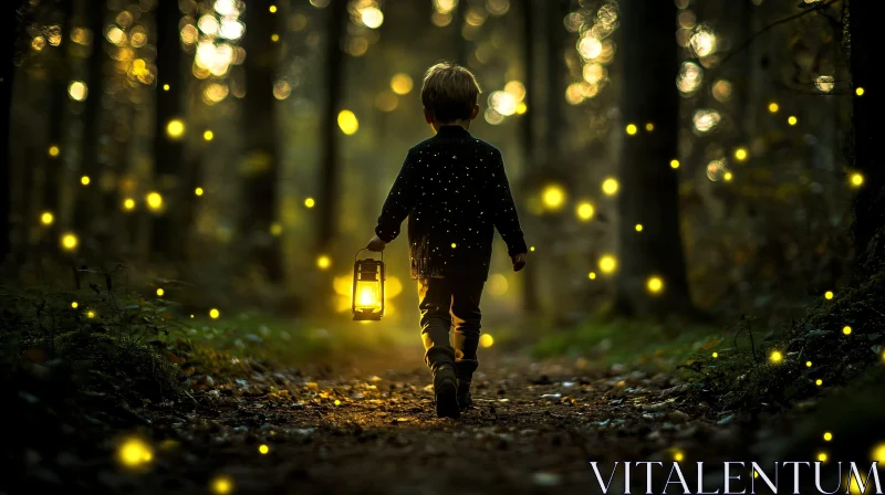 Child's Journey Through Forest of Lights AI Image