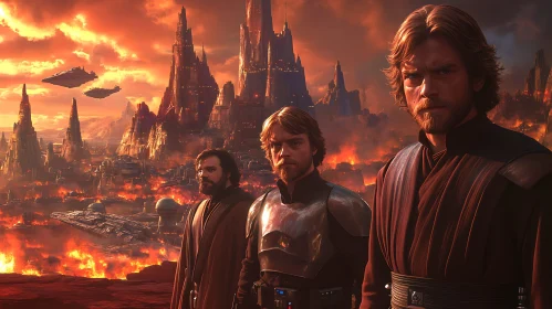 Men in front of burning city
