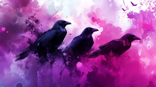 Three Ravens Perched in Watercolor Sky