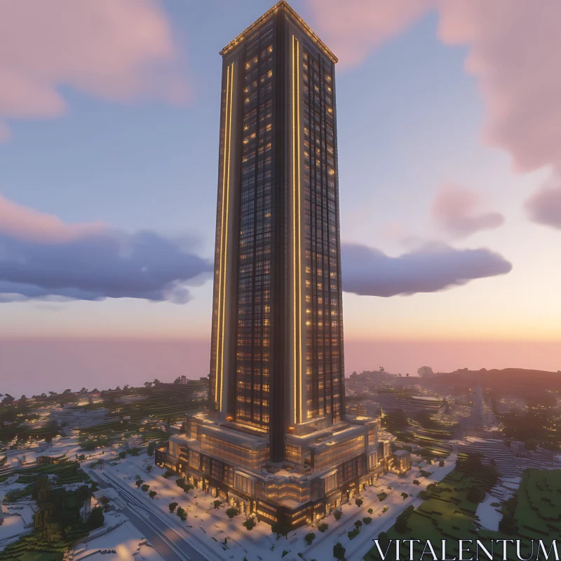 Illuminated Modern Skyscraper in Minecraft World AI Image