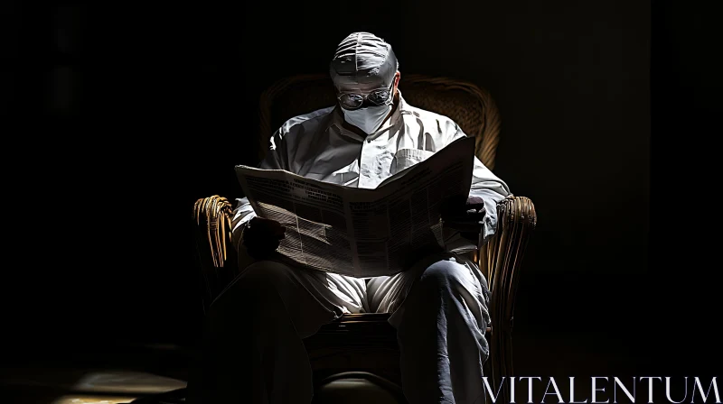AI ART Masked Man Reading News in Dark Room