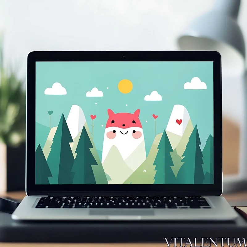 Adorable Fox in Forest Landscape on Laptop Screen AI Image