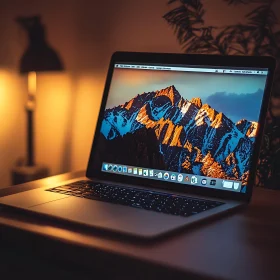 Modern Workspace with Laptop and Mountain Screensaver