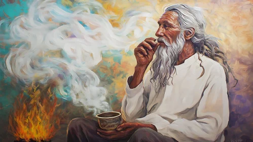 Elderly Man with Cup and Smoke Painting