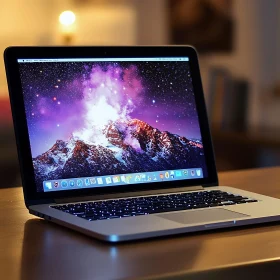 Laptop with Stunning Mountain and Night Sky Display