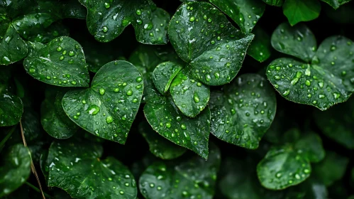 Heart-Shaped Leaves with Glistening Water Droplets