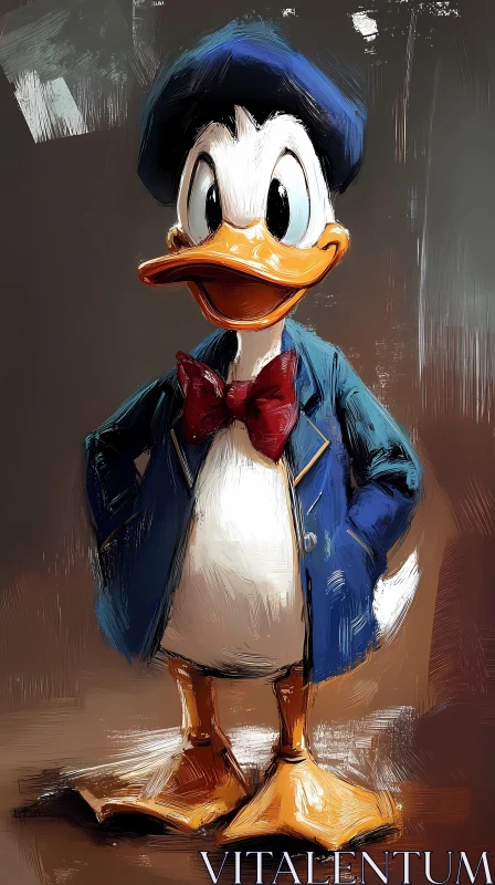 Cartoon Duck in Blue with Red Bow Tie AI Image