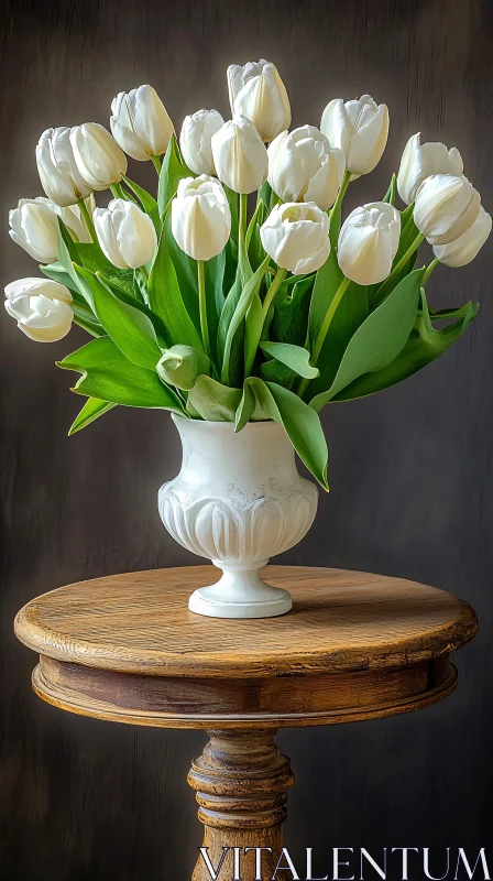 White Tulips in White Vase on Rustic Wooden Table AI Image