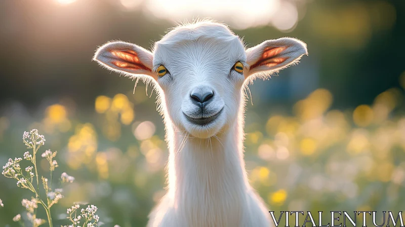 Young Goat in Blooming Field AI Image