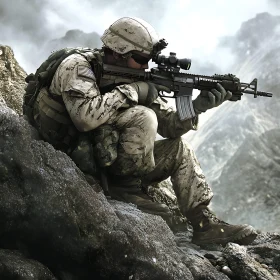 Camouflaged Warrior Aiming Rifle