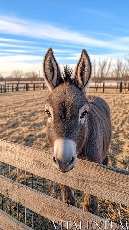 Donkey Gazing Over Farm Fence AI Image