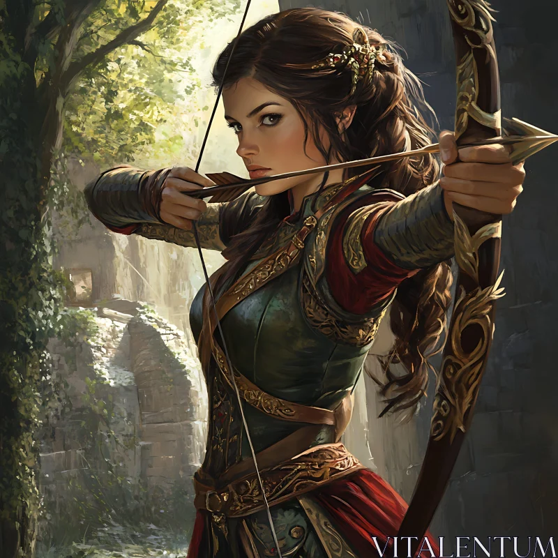 AI ART Female Warrior with Bow Ready to Shoot