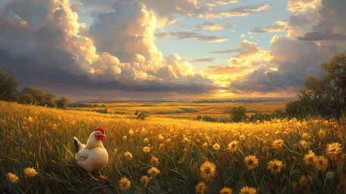 Sunset Over Flowered Field with Chicken