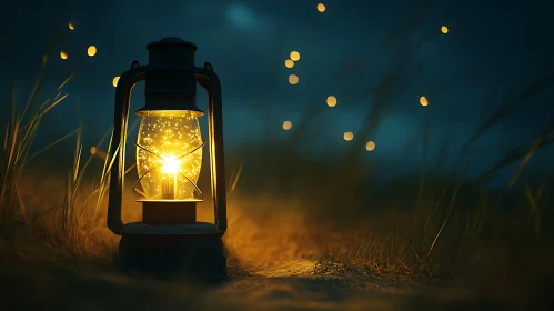 Glowing Lantern in Tall Grass at Night