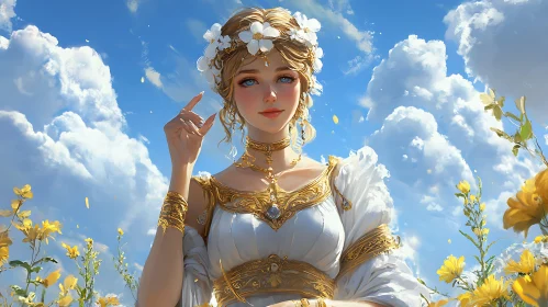 Lady in White and Gold with Flowers