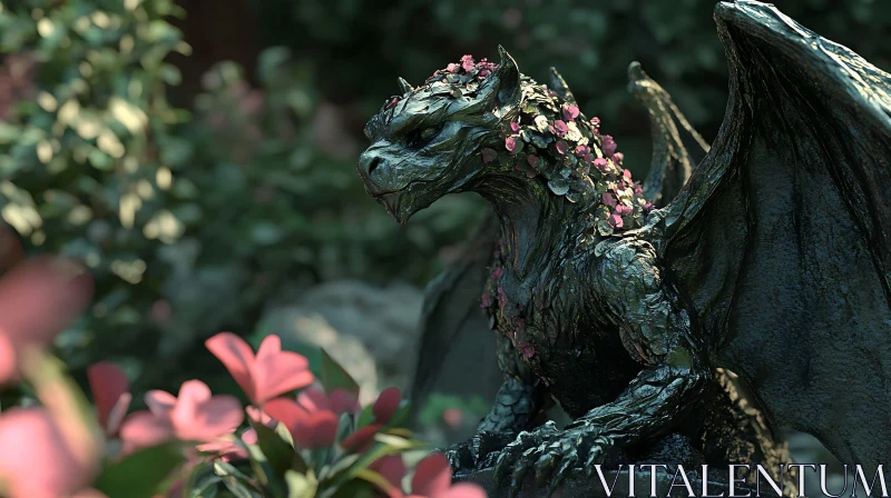 AI ART Gargoyle with Flowers Statue Art