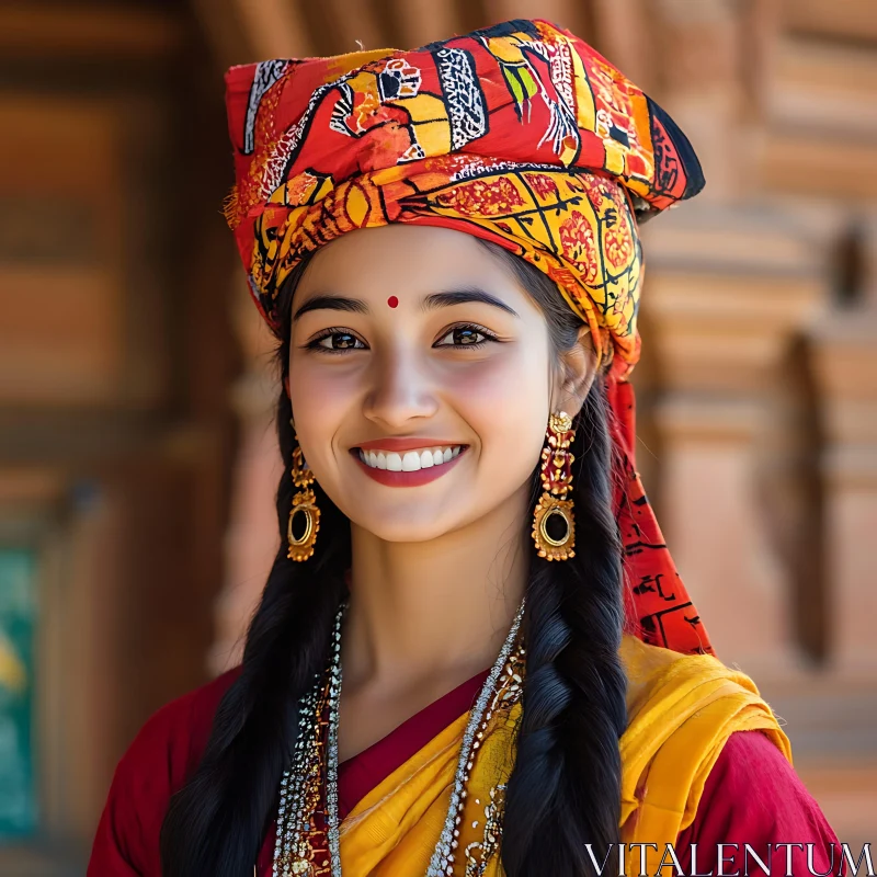 Beautiful Woman with Headwrap and Jewelry Smiling AI Image