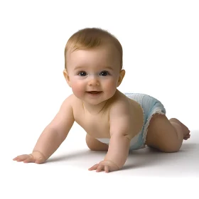 Smiling Infant Crawling on White Background