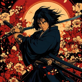 Swordsman in Floral Anime Art