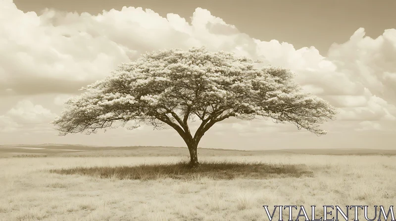 Lone Tree Amidst Open Field with Cloudy Sky AI Image