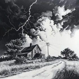Monochrome House with Lightning Art